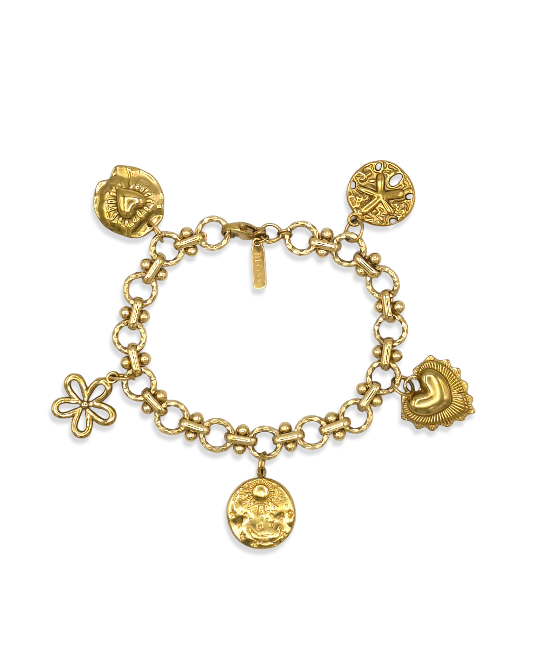 Gouden Coquette bedelarmband met bewerkte ronde schakels en vijf vaste bedels