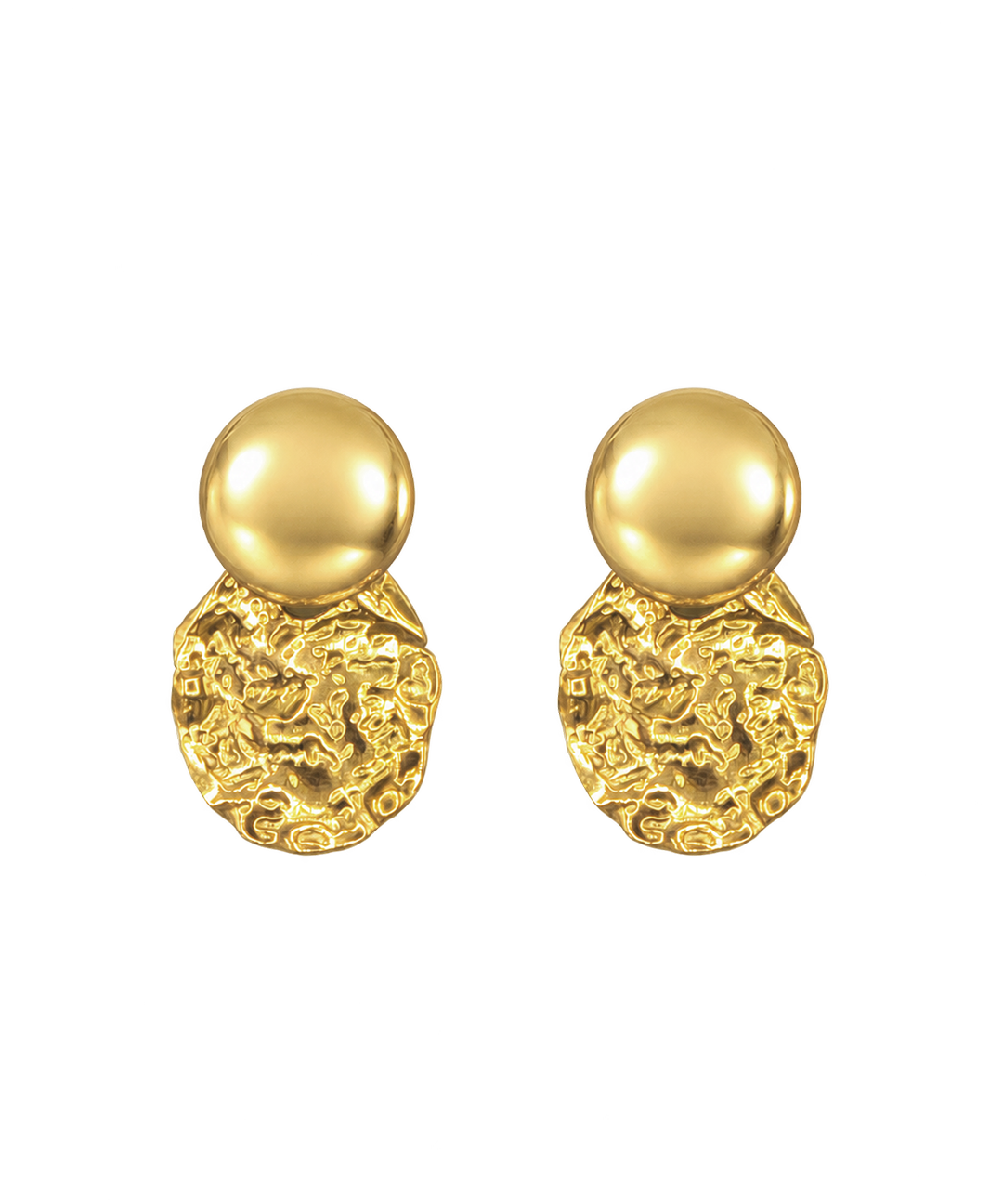 Gouden Solene Oorbellen met gladde ronde studs en hangers met reliëf