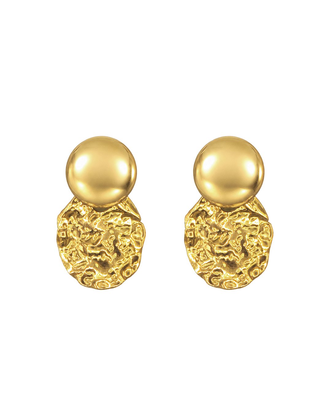 Gouden Solene Oorbellen met gladde ronde studs en hangers met reliëf